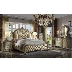 Luxury Gold Upholstered Tufted Bed with Ornate Carvings