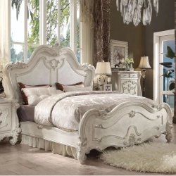 Elegant Carved Wood Bed Frame | Classic Antique White Finish