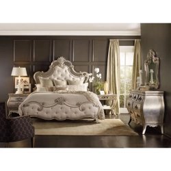 Ornate Classic Upholstered Bed with Carved Frame