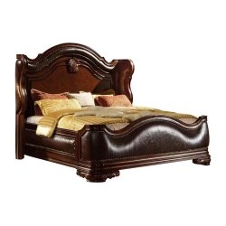Luxury Dark Wood Classic Traditional Bed with Leather Upholstery
