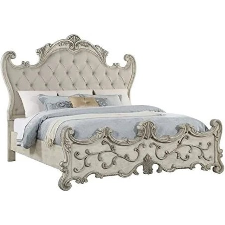 Ornate Carved Panel Bed with Upholstered Headboard