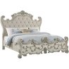 Ornate Carved Panel Bed with Upholstered Headboard