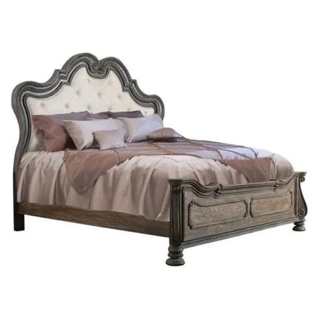 Elegant Tufted Upholstered Panel Bed with Carved Wood Frame