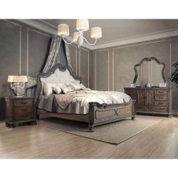 Elegant Tufted Upholstered Panel Bed with Carved Wood Frame