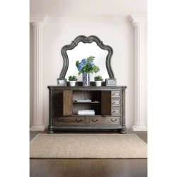 Elegant Tufted Upholstered Panel Bed with Carved Wood Frame