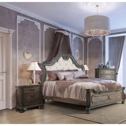 Elegant Tufted Upholstered Panel Bed with Carved Wood Frame