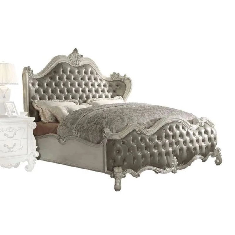 Luxury Classic Silver Tufted Upholstered Bed with Ornate Wood Frame