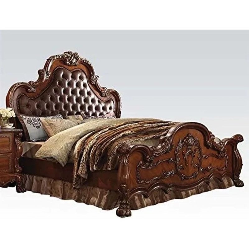 Luxurious Classic Carved Wood Bed with Tufted Leather Headboard