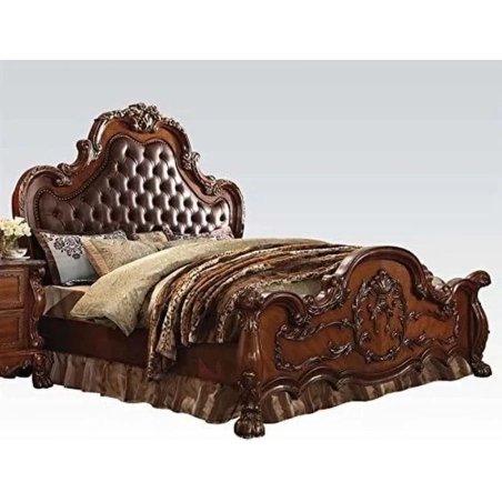 Luxurious Classic Carved Wood Bed with Tufted Leather Headboard