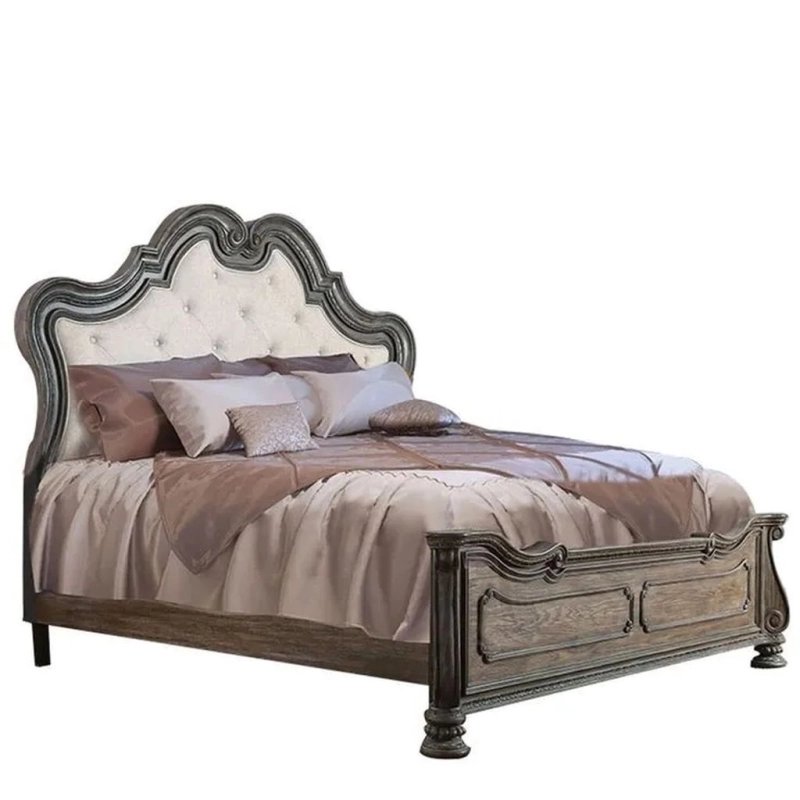 Elegant Classic Carved Wooden Bed with Upholstered Headboard Elegant Classic Carved Wooden Bed with Upholstered Headboard