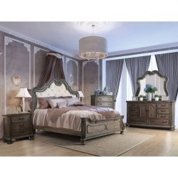 Elegant Classic Carved Wooden Bed with Upholstered Headboard