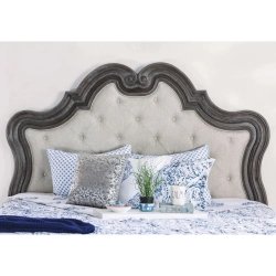 Elegant Classic Carved Wooden Bed with Upholstered Headboard