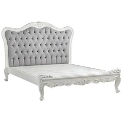 Elegant White Carved Wood Bed Frame with Grey Tufted Headboard