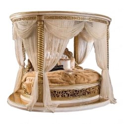 Elegant Classic Round Canopy Bed Luxurious Wooden Frame Gold Accents