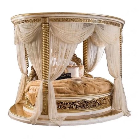 Elegant Classic Round Canopy Bed Luxurious Wooden Frame Gold Accents