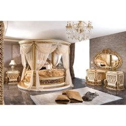 Elegant Classic Round Canopy Bed Luxurious Wooden Frame Gold Accents