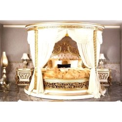 Elegant Classic Round Canopy Bed Luxurious Wooden Frame Gold Accents