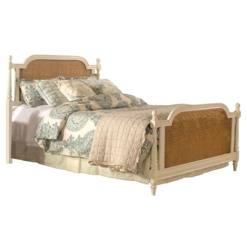 Classic White Wood Bed Frame with Rattan Headboard and Footboard Classic White Wood Bed Frame with Rattan Headboard and Footboard