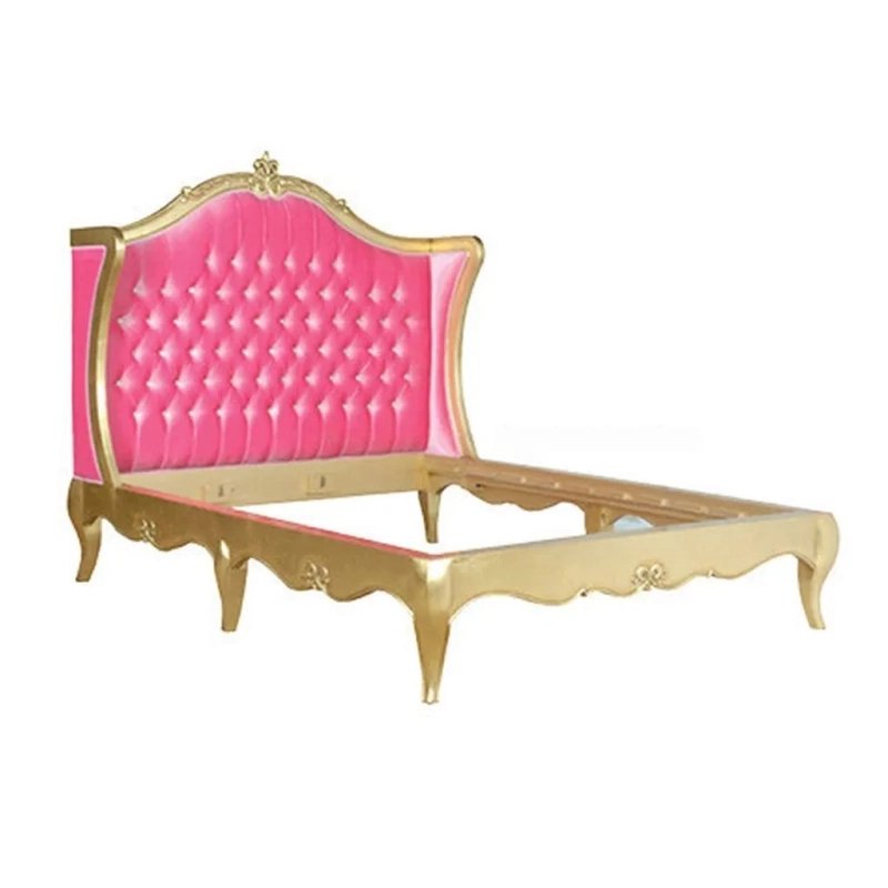 Luxurious Pink Velvet Tufted Gold Finish Bed Frame Classic Design