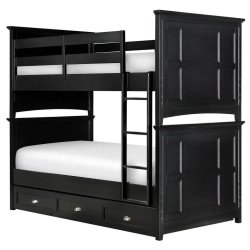 Solid Wood Black Bunk Bed with Integrated Storage Drawers