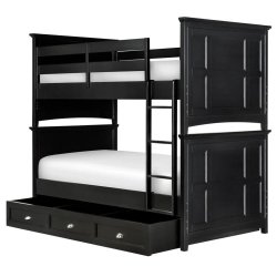Solid Wood Black Bunk Bed with Integrated Storage Drawers