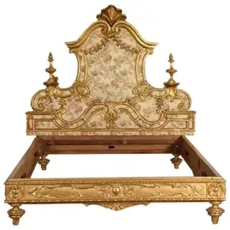 Ornate Gold Gilded Classic Bed Frame with Floral Upholstered Headboard