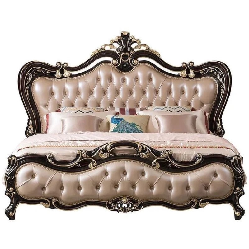 Classic Style Tufted Upholstery Bed with Ornate Carvings