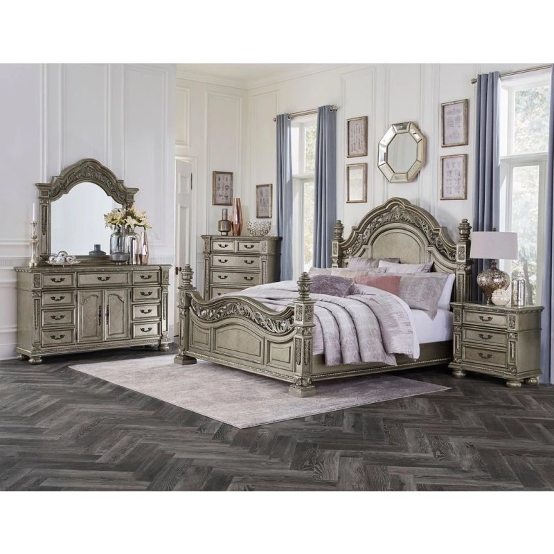 Luxury Classic Ornate Solid Wood Bedroom Set Antique Finish