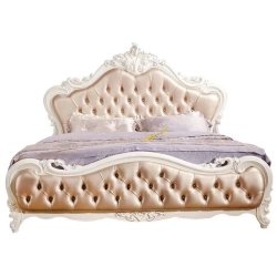 Luxury White Carved Bed Frame with Tufted Champagne Upholstery King Size
