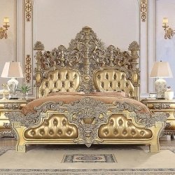 Premium Hand Carved Gold Gilded Classic Bed