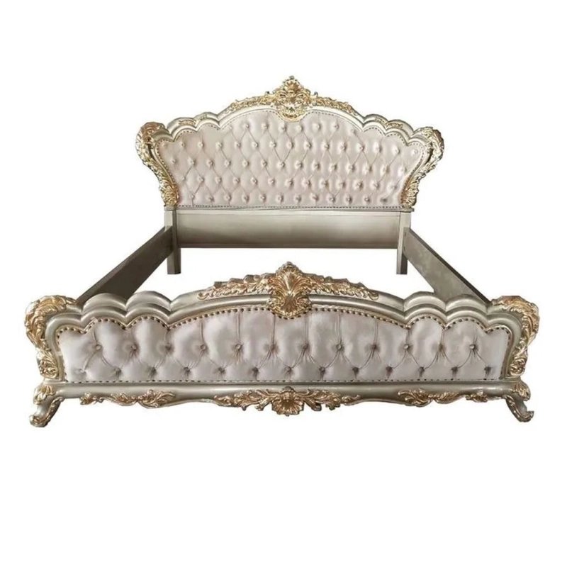 Luxury Classic Carved Upholstered Bed Frame Gold Accents