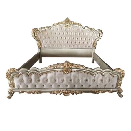 Luxury Classic Carved Upholstered Bed Frame Gold Accents