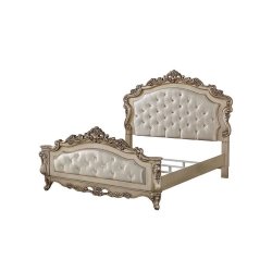 Luxurious Tufted Upholstered Bed Frame with Ornate Carvings