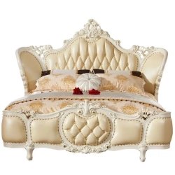 Luxurious Classic European Ivory Tufted Upholstered Bed with Carved Frame