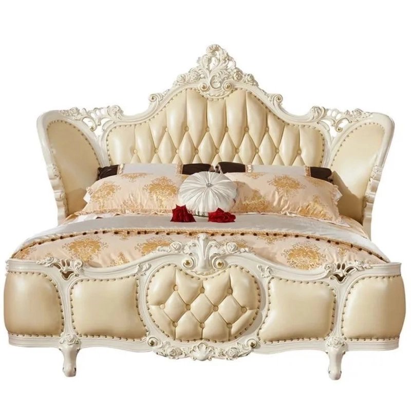 Luxurious Classic European Ivory Tufted Upholstered Bed with Carved Frame Luxurious Classic European Ivory Tufted Upholstered Bed with Carved Frame