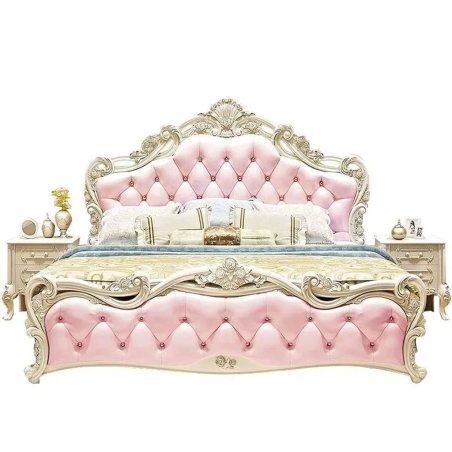 Luxurious Carved Wood Tufted Upholstered Bed with Elegant Headboard Footboard