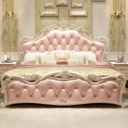 Luxurious Carved Wood Tufted Upholstered Bed with Elegant Headboard Footboard