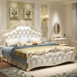 Luxurious Carved Wood Tufted Upholstered Bed with Elegant Headboard Footboard