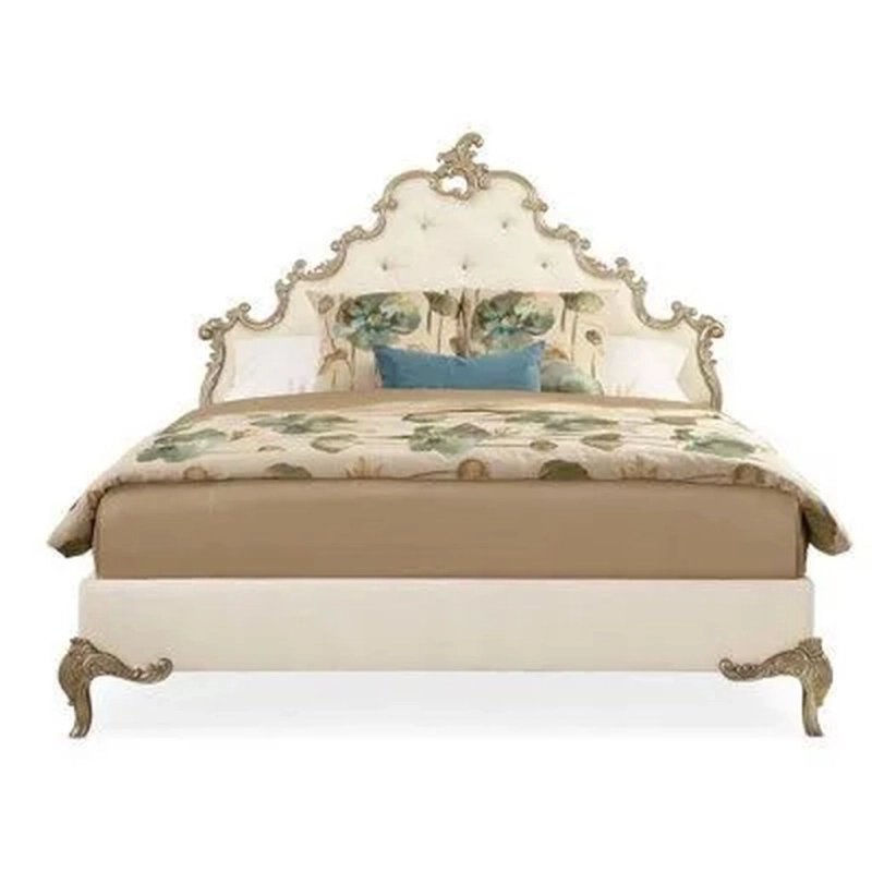 Luxury Ornate Carved Wood Upholstered Bed Luxury Ornate Carved Wood Upholstered Bed