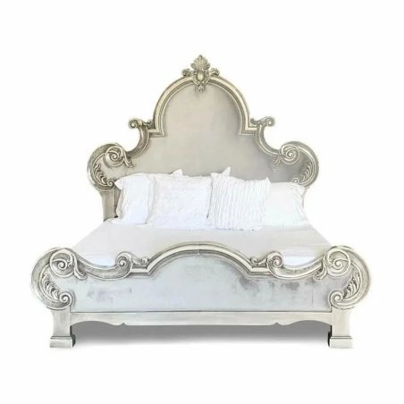 Classic Ornate Carved Bed Frame with Silver Finish