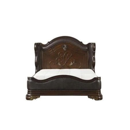 Luxury Classic Carved Wood Bed Frame with Upholstered Base