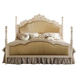 Luxury Cream Carved Four Poster Bed with Gold Upholstered Headboard