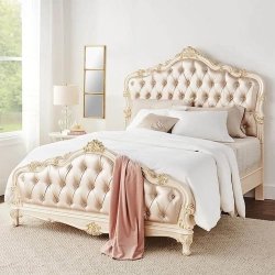 Luxury Cream Tufted Upholstered Bed Frame Ornate Carvings