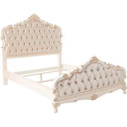 Luxury Cream Tufted Upholstered Bed Frame Ornate Carvings