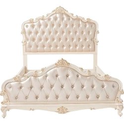 Luxury Cream Tufted Upholstered Bed Frame Ornate Carvings