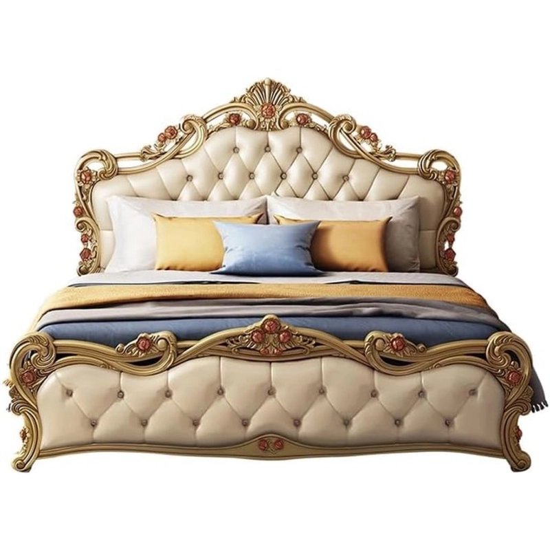 Classic Luxury Upholstered Bed with Ornate Wood Carvings Classic Luxury Upholstered Bed with Ornate Wood Carvings