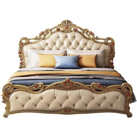 Classic Luxury Upholstered Bed with Ornate Wood Carvings