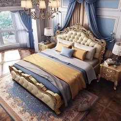 Classic Luxury Upholstered Bed with Ornate Wood Carvings