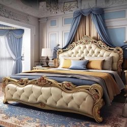 Classic Luxury Upholstered Bed with Ornate Wood Carvings