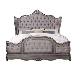 Elegant Grey Upholstered Tufted Bed Frame with Carving